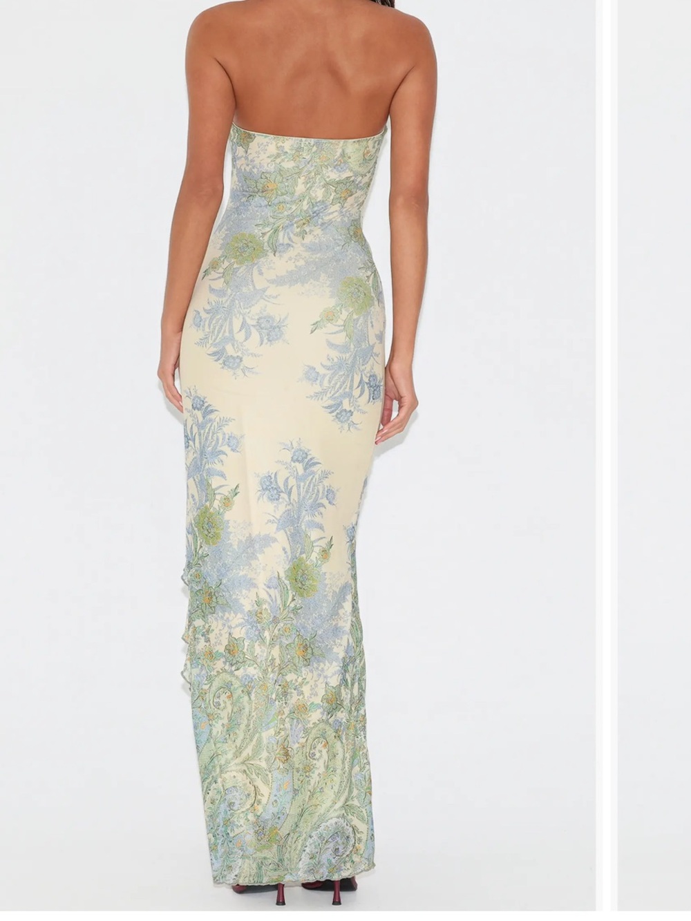 Tiger Mist Cream Strapless Floral Mesh Maxi Dress with Blue & Green Print - Picture 2 of 5